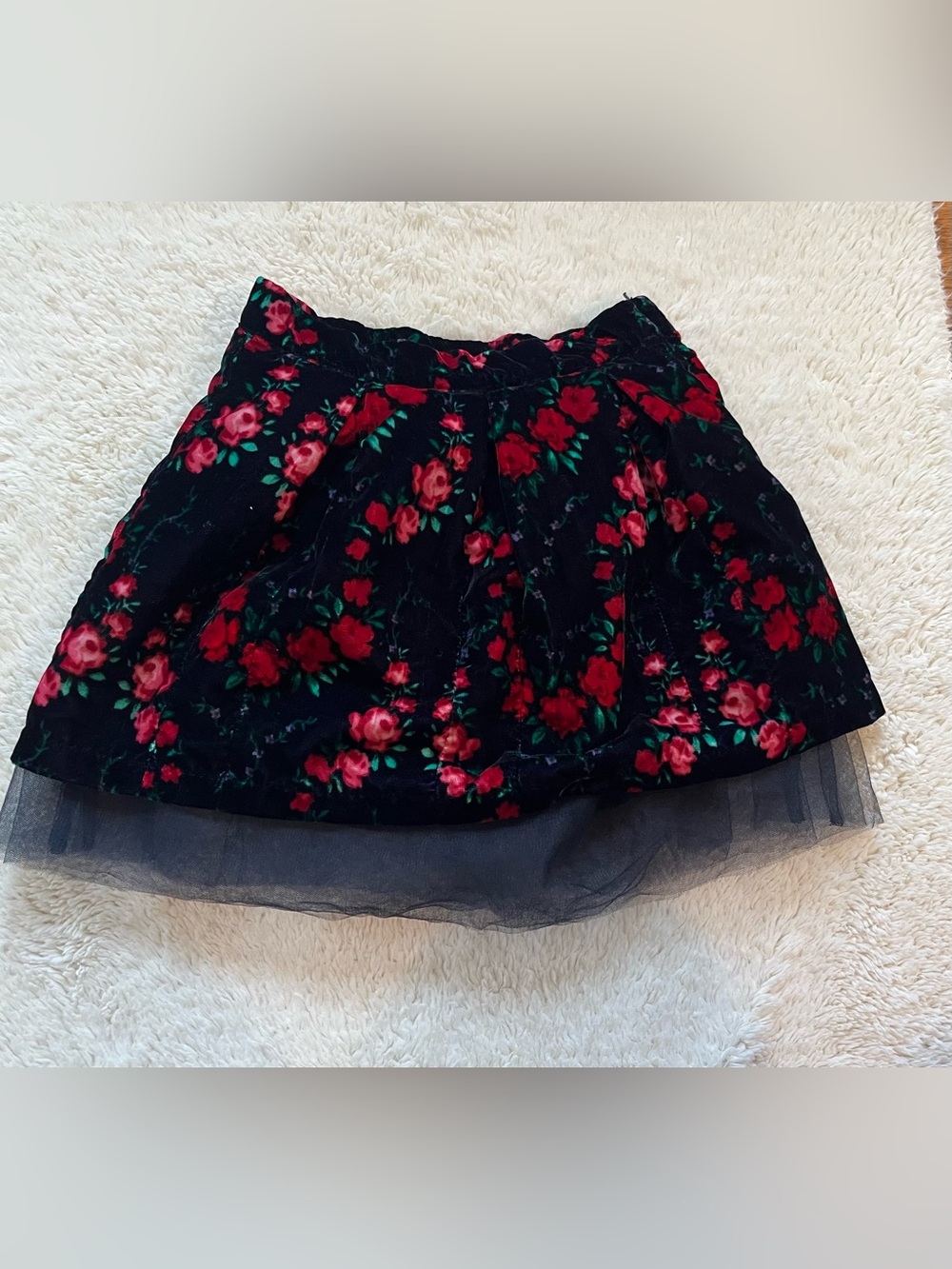 Janie & Jack Girls Floral Velvet Mini Skirt with Tulle Hem - Black Sz 7